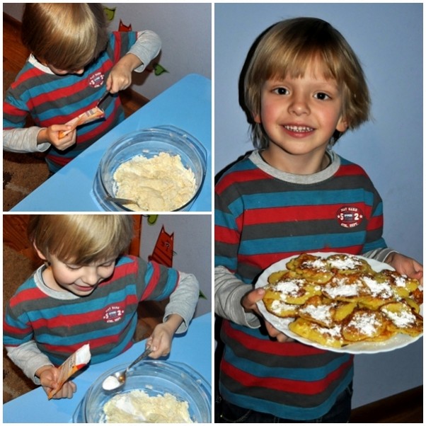 Potrafię kucharzyć! Mój pięciolatek opanował do perfekcji przepis na placuszki z jabłkami, zna na pamięć wszystkie składniki i ich ilość,sam pod moim okiem wszystkie produkty wsypuje do miski i miesza, mnie pozostaje tylko pieczenie, dekorowanie cukrem pudrem również pozostaje w rękach młodego kucharza:&#41;