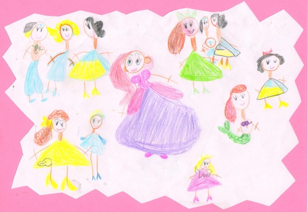 Księżniczki Malwinka lat 4,8 narysowała swoje ulubione Księżniczki Disneya...uwielbia bawić się, że też jest jedną z nich i słuchać bajek o ich przygodach.