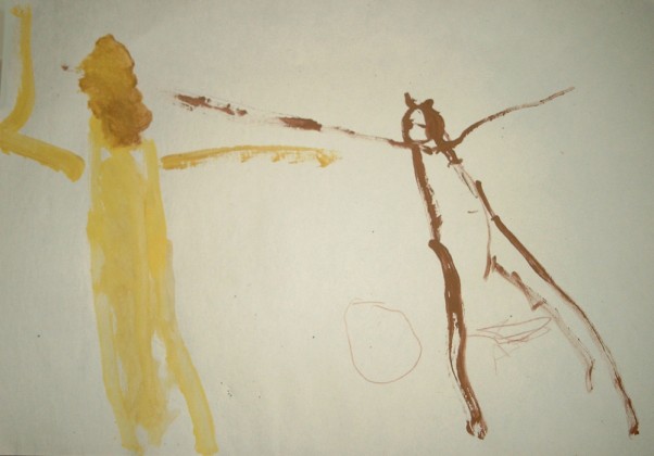 Ciekawski George i Pan w Żółtym kapeluszu. To obrazek mojego 4 letniego Synka Jasia, który tak zilustrował swoją ulubioną bajkę o ciekawskiej małpce...