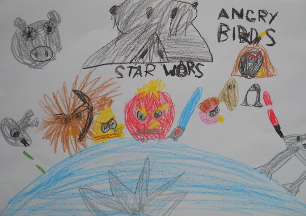 Angry Birds  Ulubiona gra Wojtka obecna jest wszędzie, nawet na rysunkach.\nWojtek lat 6,5