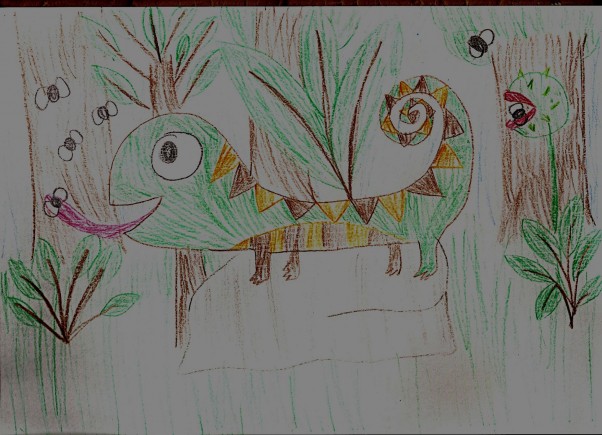 kameleon Gabrysia ma 8 lat i bardzo lubi rysować, na ten konkurs wybrałyśmy kameleona.