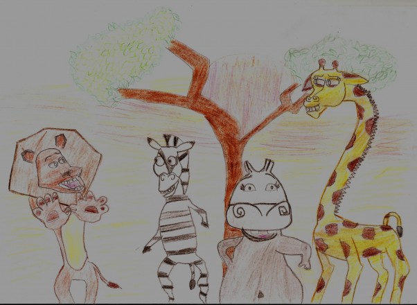 Madagaskar Gabrysia ostatnio oglądając w telewizji bajkę Madagaskar 2 stwierdziła, że narysuje jej bohaterów. Zatrzymałam jej obraz i oto tak powstał ten przepiękny rysunek. 