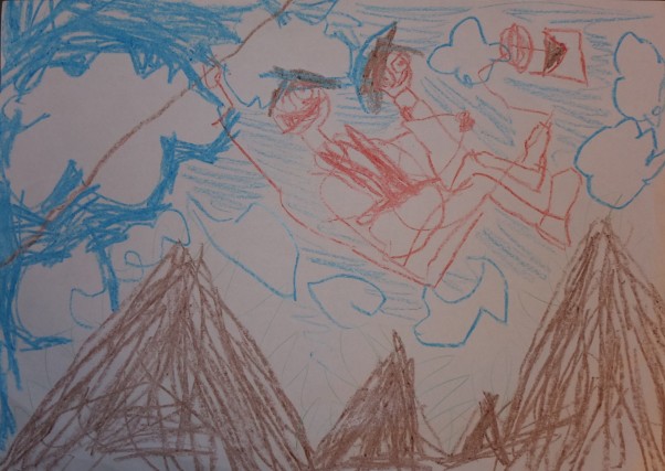 Zdjęcie zgłoszone na konkurs eBobas.pl 5&#45;letni Tobiasz narysował swoje pierwsze wakacje w górach. Na rysunku z tatą na wyciągu krzesełkowym w drodze na Kopę.