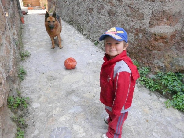 Zdjęcie zgłoszone na konkurs eBobas.pl Kajtuś bierze przykład ze starszego brata, gra w piłkę ,a bramkarzem  jest...ulubiony piesek