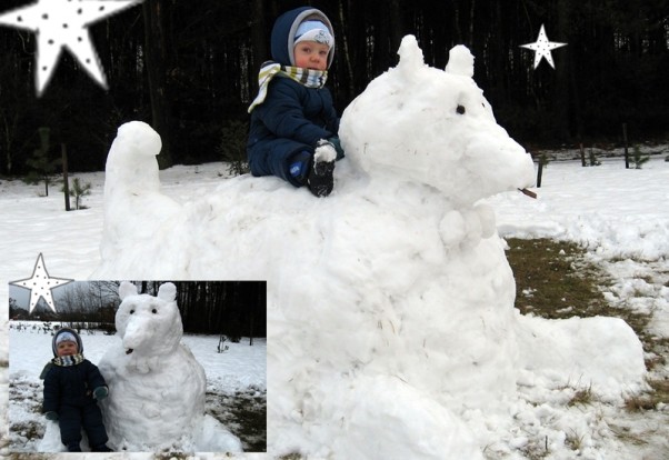 Zdjęcie zgłoszone na konkurs eBobas.pl Kreatywna zabawa Oskarka na śniegu.\nZima to wspaniała pora roku dla dzieci zwłaszcza jak jest dużo śnieżnego puchu, z którego można tworzyć prawdziwe arcydzieła. \nOskarek uwielbia bawić się na śniegu, chętnie pomaga lepić różne stworki i ma przy tym ogromnie dużo zabawy i radości a wszyscy dobrze wiedzą, że szczęśliwe dziecko to szczęśliwy rodzic.