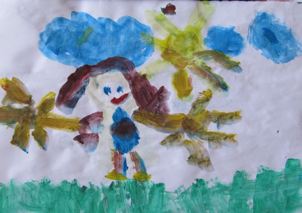 Natalia lat 5 Natalka namalowała tym razem siebie podczas wiosennego spaceru. A te dwa intrygujące elementy wyglądające jak słoneczka, to oczywiście rączki :&#41;