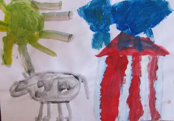 Natalia lat 5 Praca została namalowana przez Natalkę farbkami i przedstawia krowę na farmie :&#41;