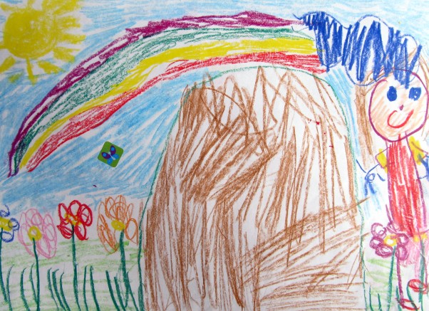 Wielka góra:&#41; Natalia lat 5 Na rysunku Natalka narysowała siebie oraz ogromna górę i kolorowa tęczę:&#41;