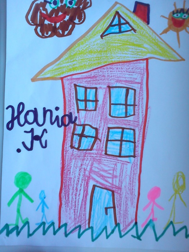  HANIA &#40;7 lat&#41; Rysunek przedstawia wymarzony dom Hania, kolorowy i z dużą ilością okien.