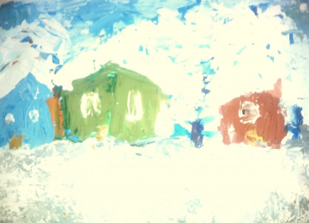 Chatki na śniegu. Hiacynta &#40;8 lat&#41;. Domki w pięknej zimowej aurze. Technika &#45; wyklejanie plasteliną.