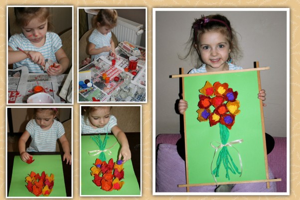 Obraz dla Babci Sylwia lat 3,5 wykonała obraz z wytłaczanek po jajkach, oczywiście mama trochę pomagała przy wycinaniu kwiatów z wytłaczanki, ale malowanie, przyklejanie należało do Sylwii