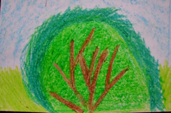 Zielono mi Praca prawie 4 letniej Natalii Stefańskiej. Narysowała wiosenny zielony krzaczek , który rośnie obok jej domku.