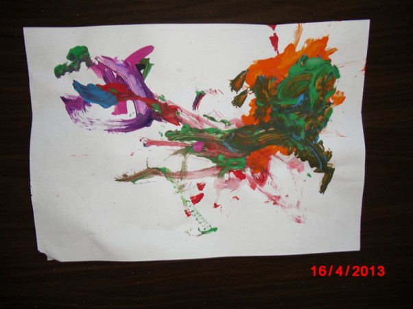 Gabrysia, 2 latka Gabi uwielbia malować farbami, jej specjalnością jest mieszanie kolorów &#40;chyba już w żadnym słoiczku nie ma jednego koloru farbki &#45; wszystkie są zmiksowane&#41;. Obrazek przedstawia moc kolorów, tak jak kolorowa i radosna jest wiosna :&#41;