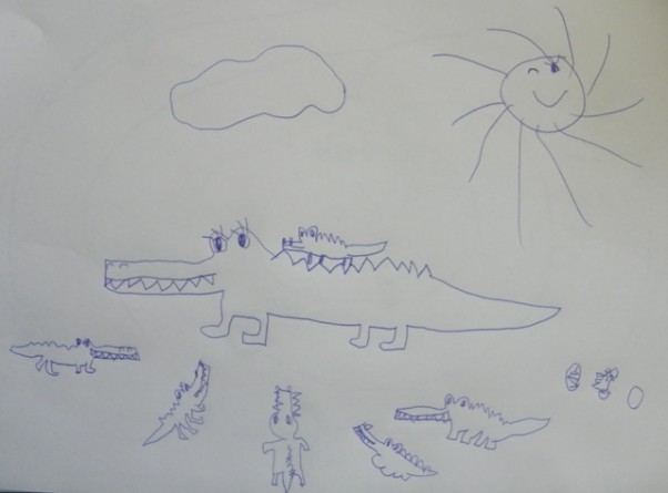 rodzina krokodyli  Kinga lat 6 ostatnio lubi rysować długopisem i idąc na ilość obrazków potrafi namalować ich ok. 20 szt od razu.